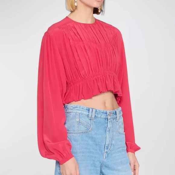Isabel Marant Nelino Shirred Silk Crop Blouse Paradise Pink Women's Size 40 US 8 - Picture 1 of 12